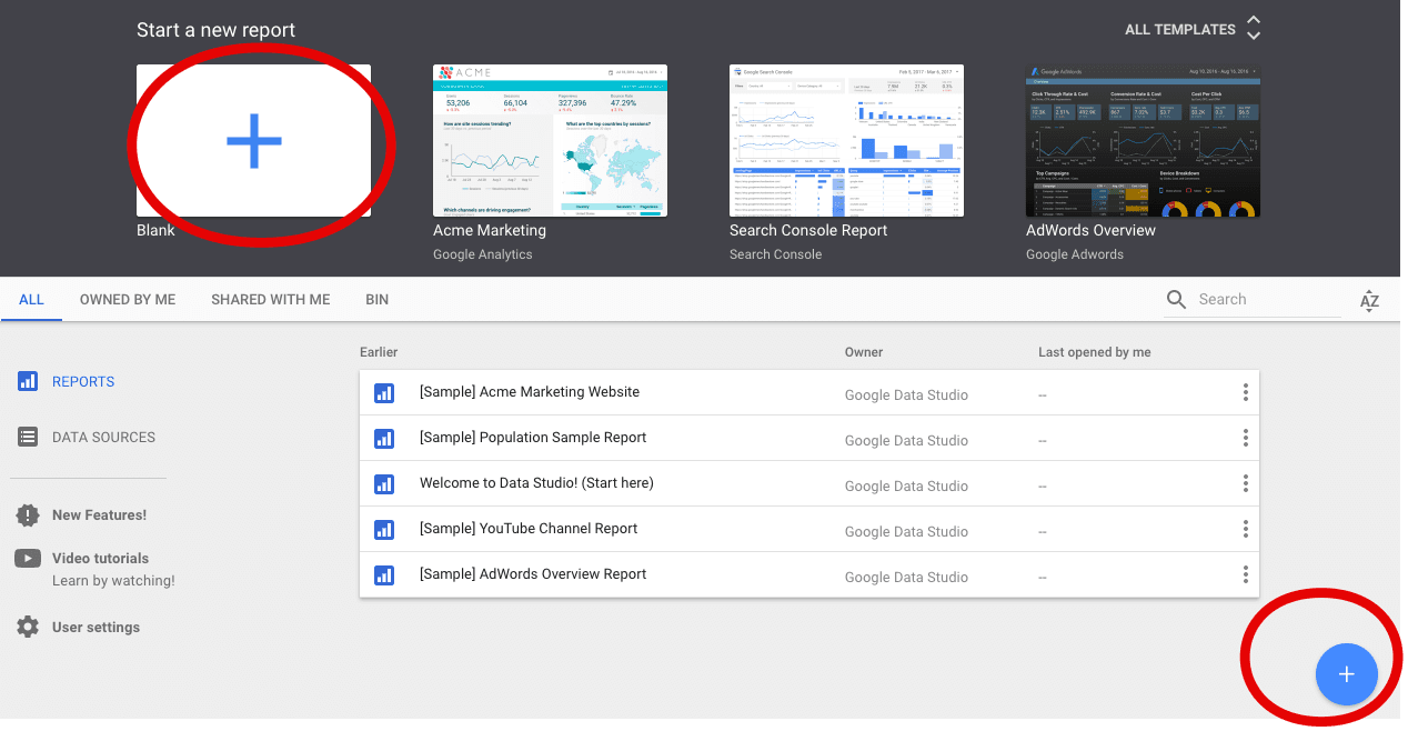  start a new report data studio 