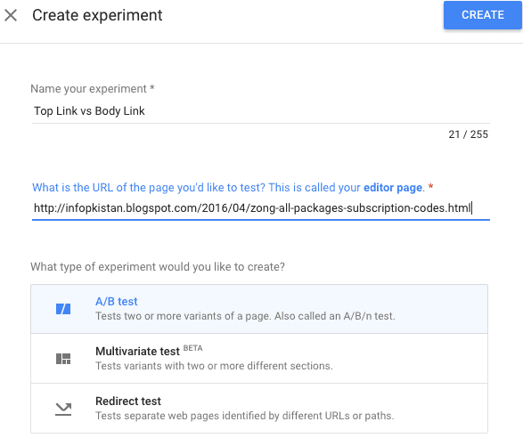  create A/B test optimize 