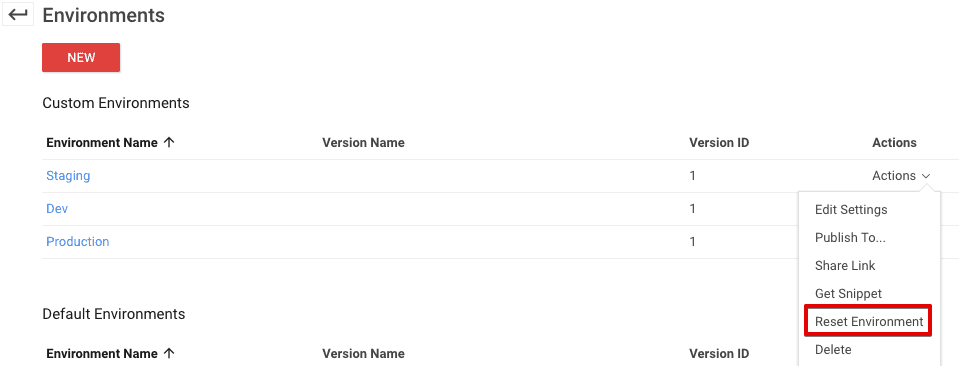  reset environment link 