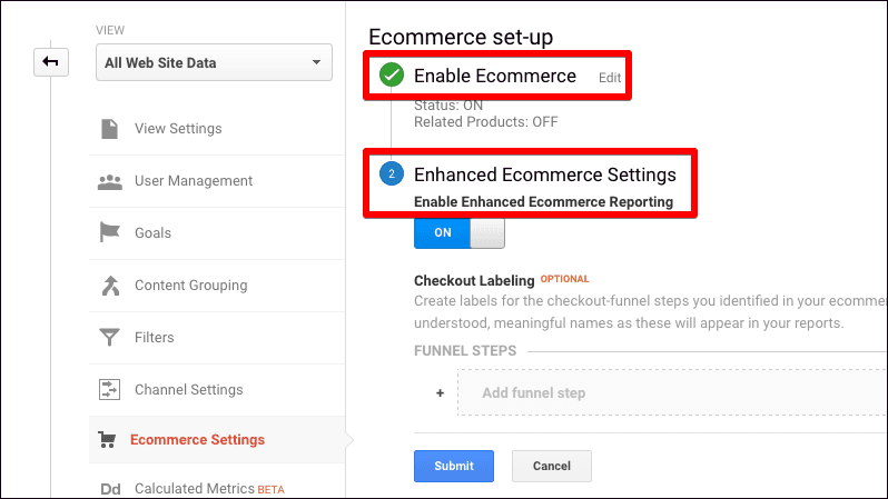  enable ecommerce analytics 
