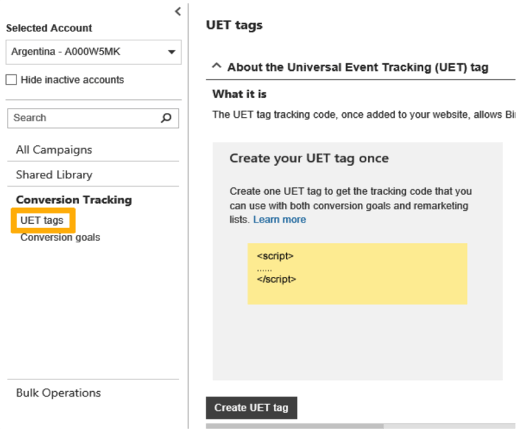  create UET Tags 