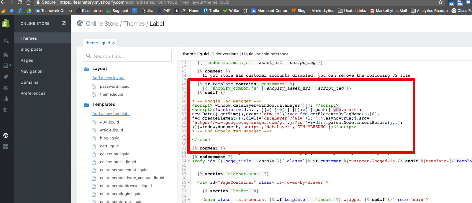  add google tag manager code in theme.liquid file 