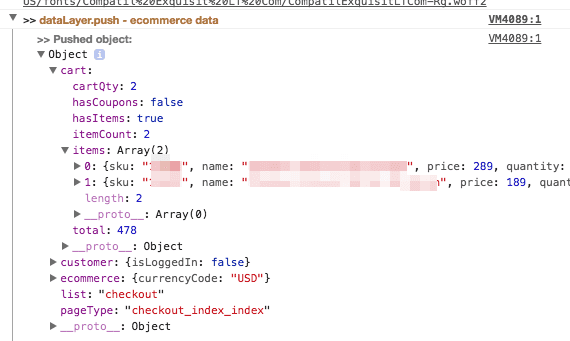 checkout datalayer values