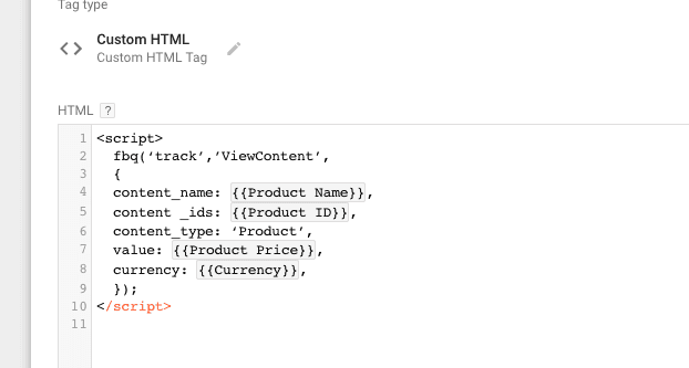 custom html viewcontent event tag